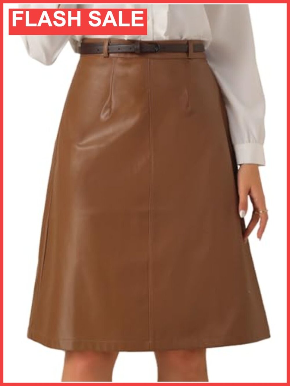 Faux Leather High Waisted A-Line Knee Length Skirt for Women